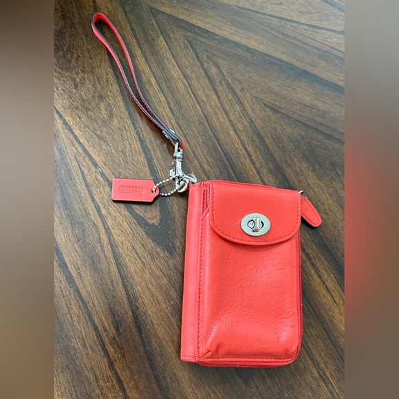Coach Wallet Wristlet Red Leather Tan Inside Zip-Around Credit Card Slots ID - Picture 1 of 16